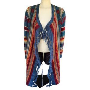 Wrangler Women’s M Long Cardigan Sweater Fringe Open Front Boho Aztec Southwest